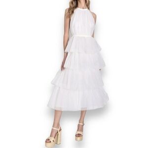 nwt! Lulus Magical Evenings White Tulle Halter Neck Tiered Midi Dress